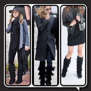 Black Suede 5 Layer Fringe Knee High Boot Boho